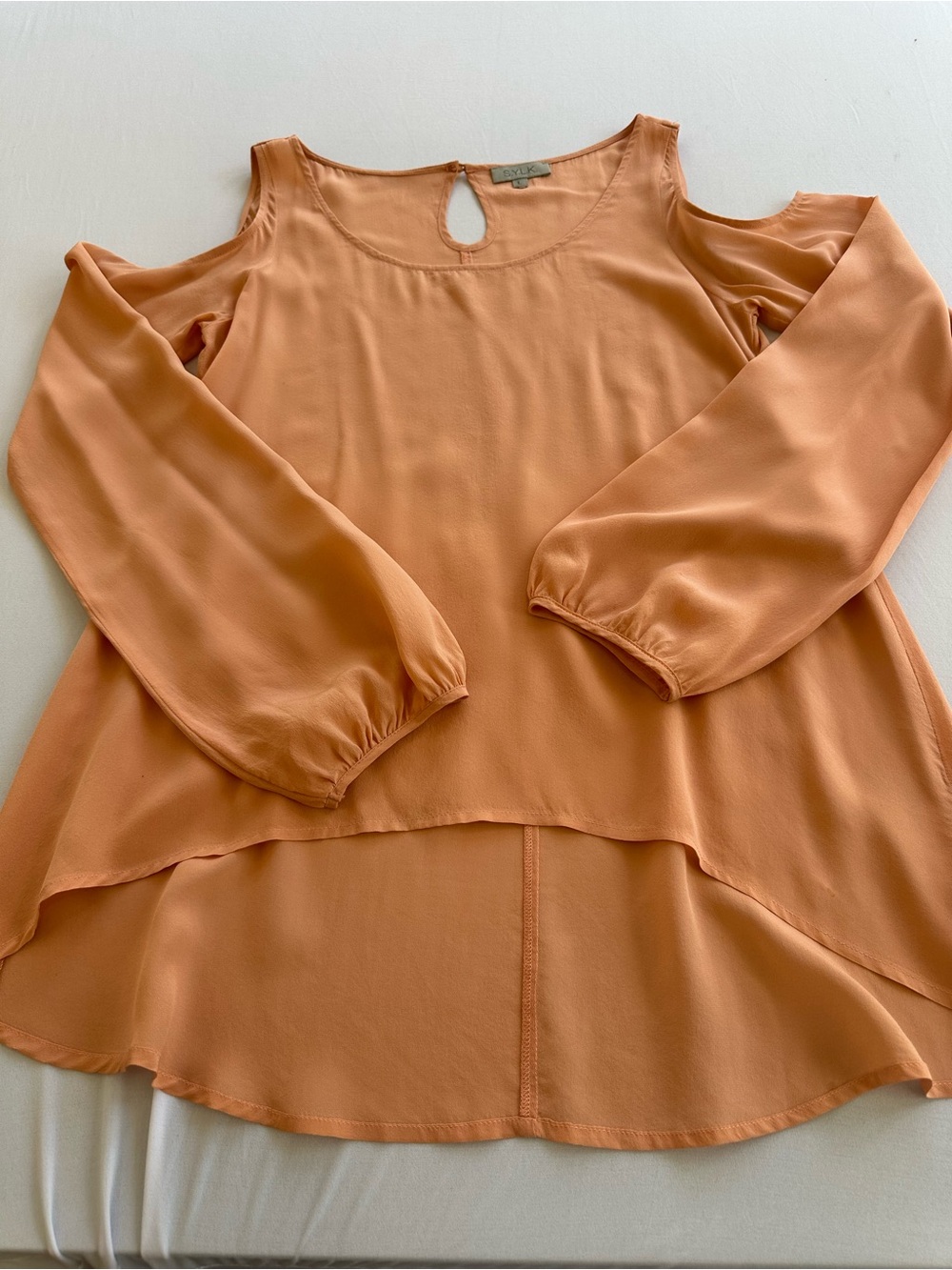 Lightweight 100% Silk Cold-Shoulder Blouse in Peach by SLYK Size Large